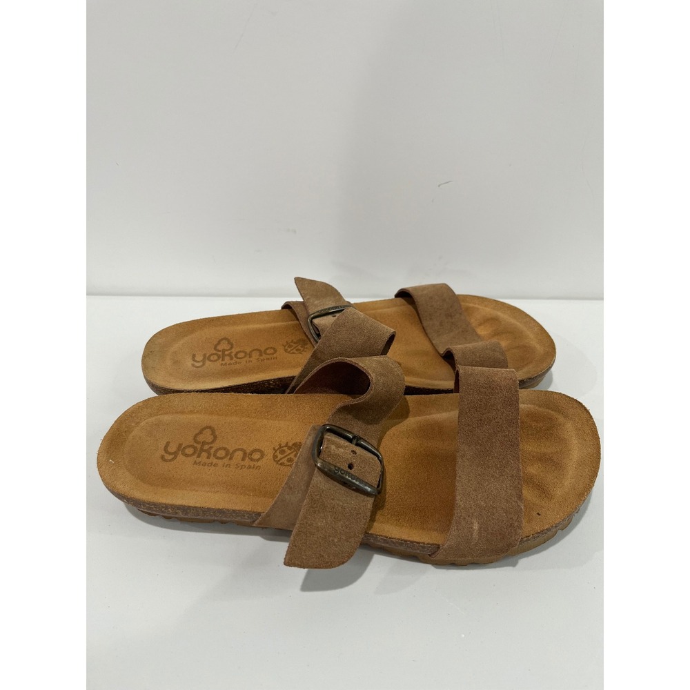 Yokono Leather Sandals Women's Buckle Suede Strap Slides Cork Footbed Tan Brown - Picture 3 of 7